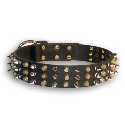 Dog Collar Leather with Spikes and Pyramids