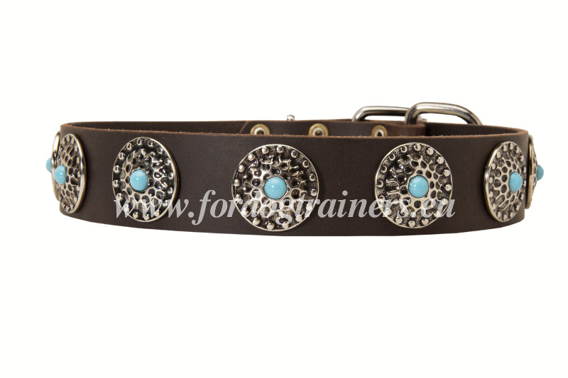 Labrador Luxury Leather Collar With blue Stones